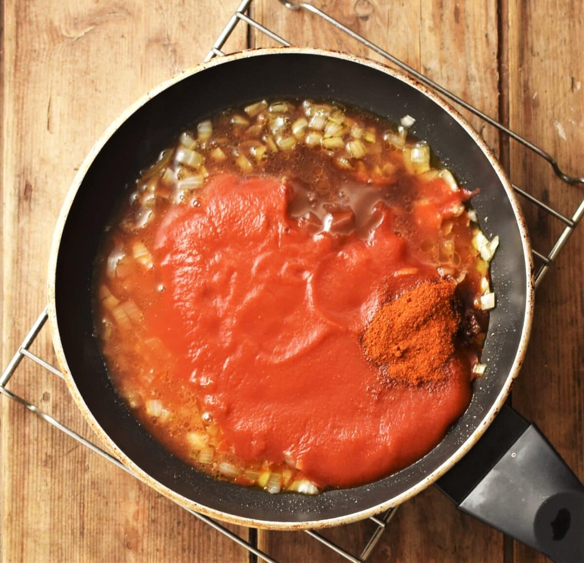 Bbq sauce ingredients in pan.