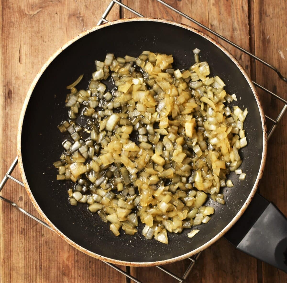 Caramelised onions in pan.