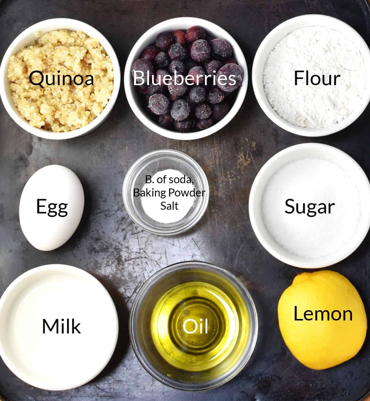 Ingredients for making quinoa muffins in individual dishes.