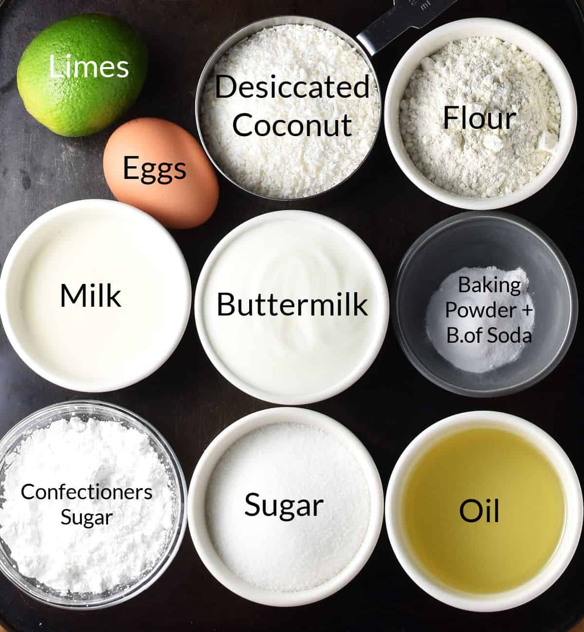 Top down view of ingredients for lime muffins in individual dishes.