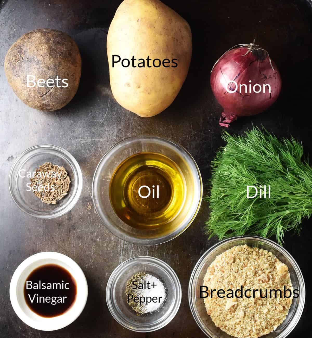 Top down view of ingredients for making beet and potato patties in individual dishes.