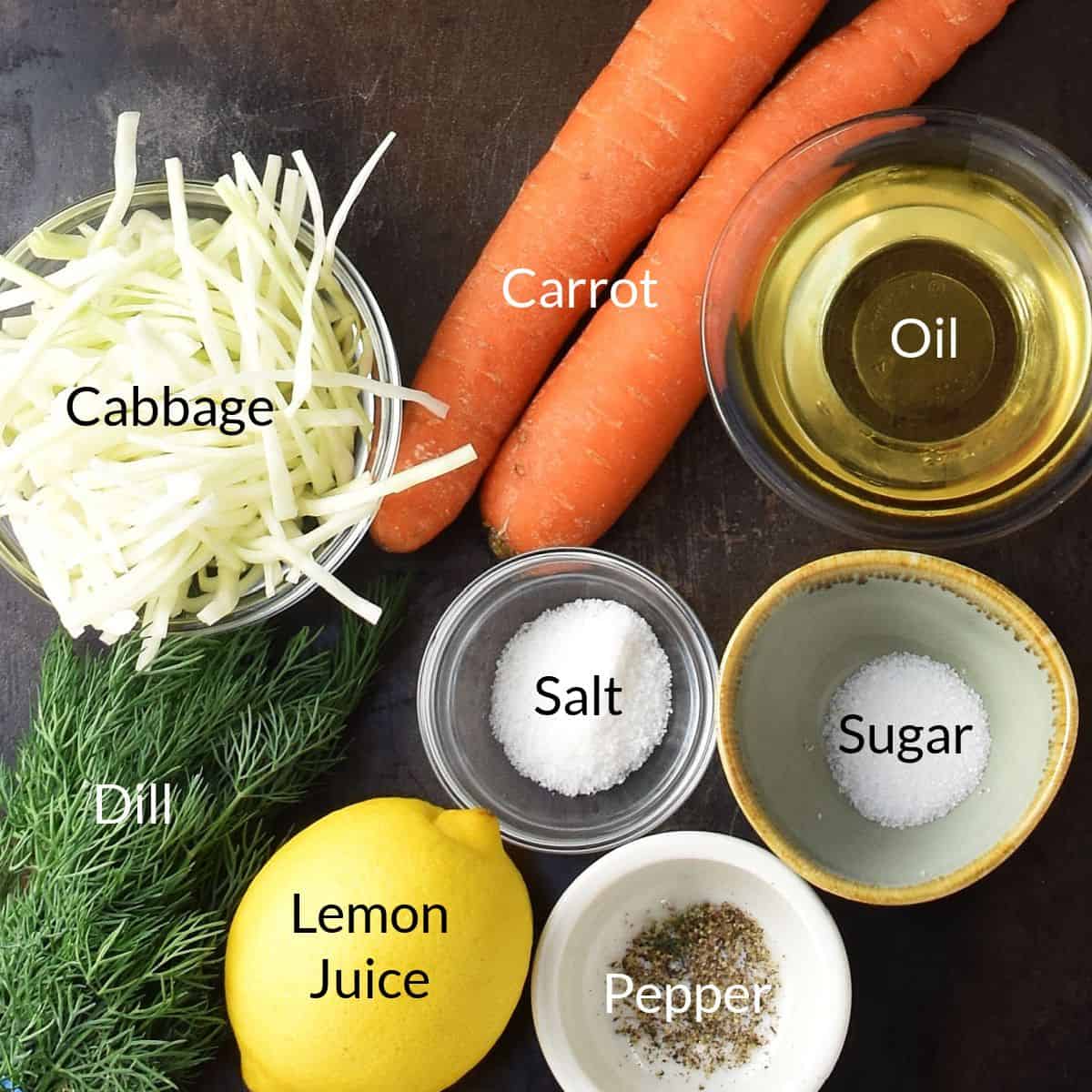 Top down view of ingredients for making Polish coleslaw salad in individual dishes.