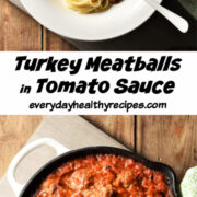 1 image of meatballs in tomato sauce with spaghetti in bowl and another in skillet.