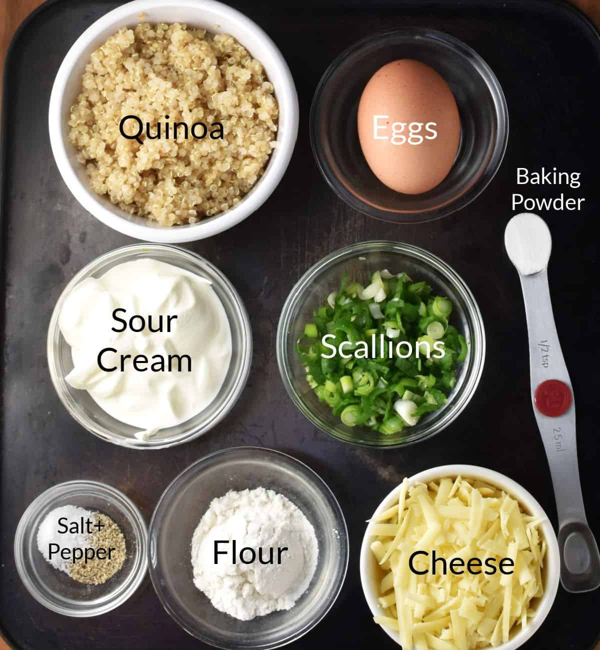 Ingredients for making quinoa egg muffins in individual dishes.