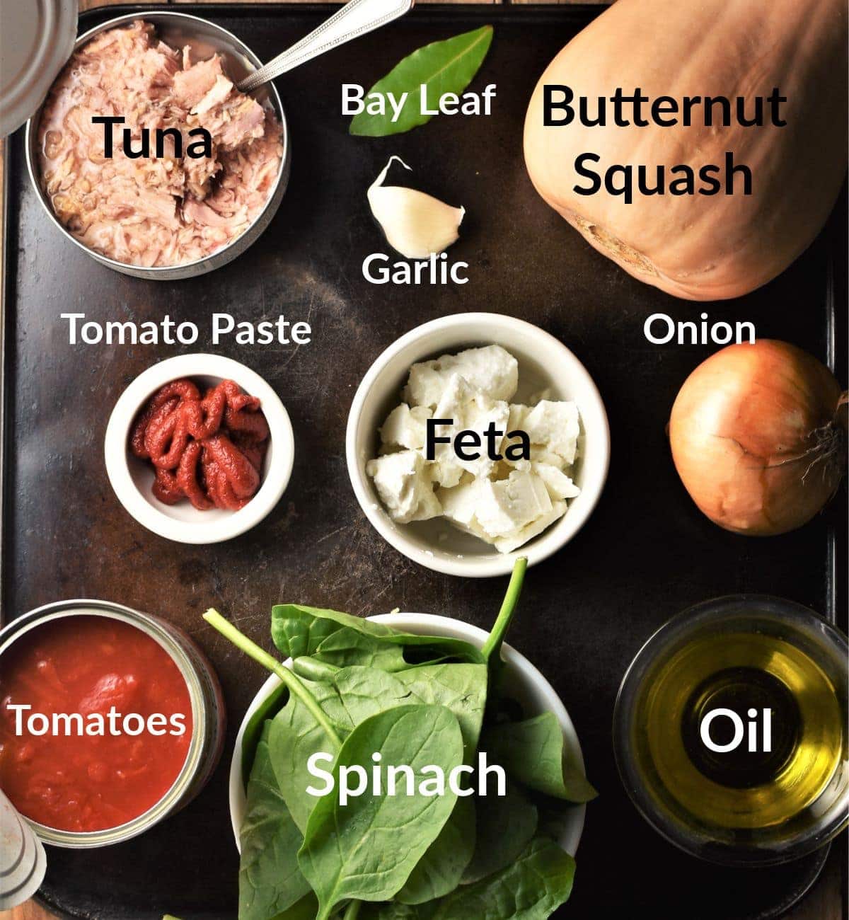 Tuna bake ingredients in individual dishes.