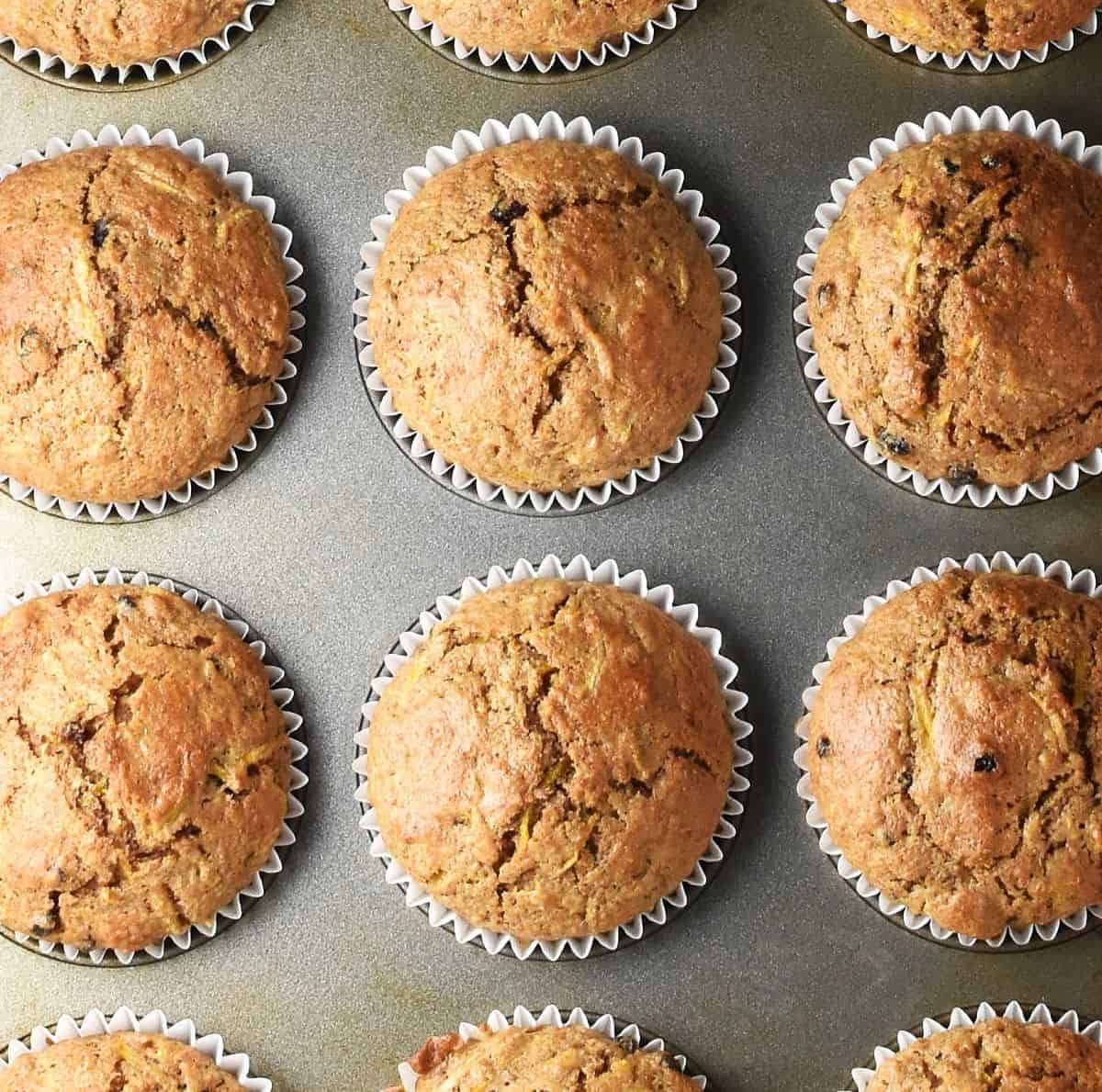 Baked squash muffins in white paper cases in muffin pan.