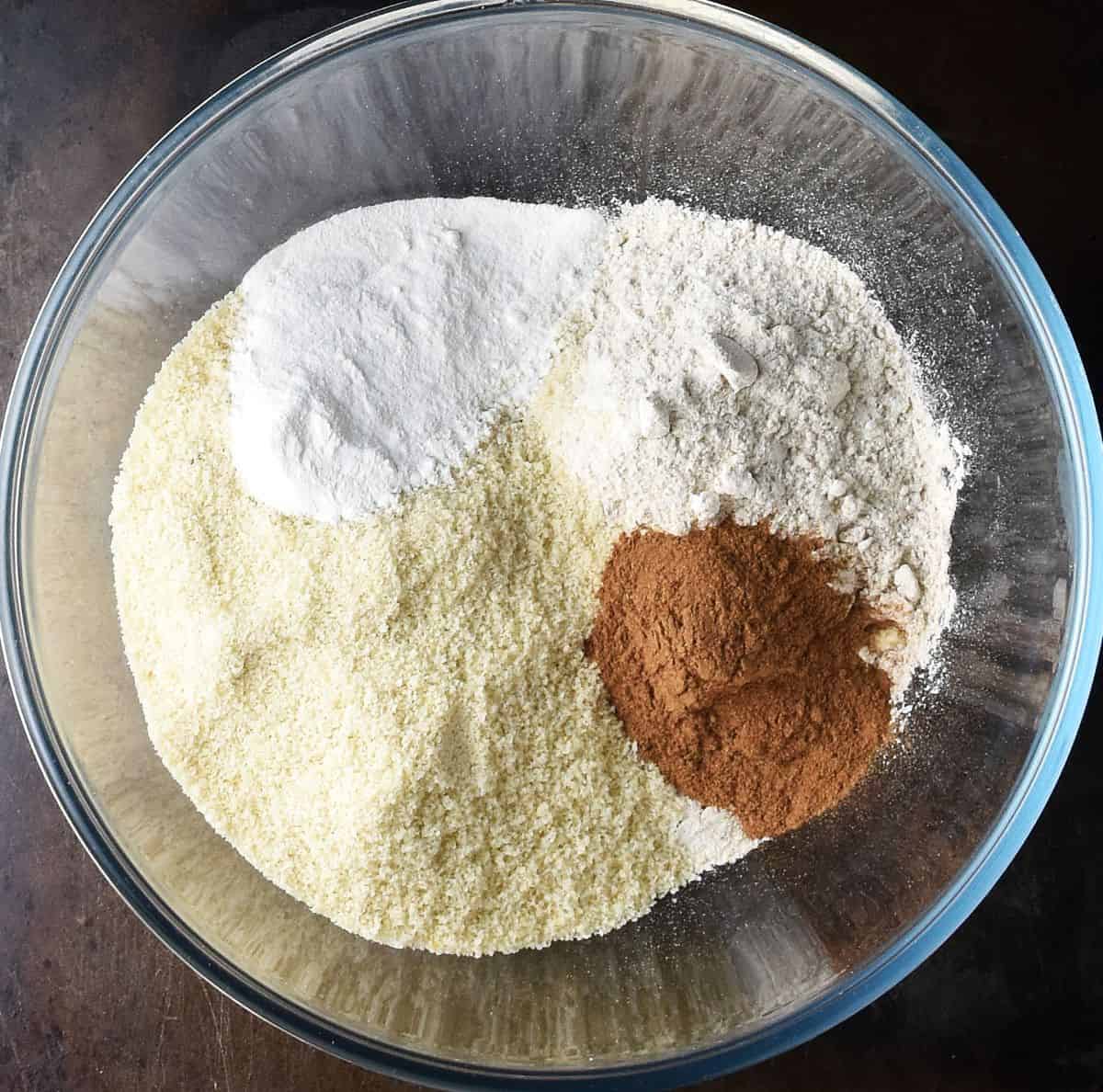 Top down view of dry ingredients for gluten free apple muffins.