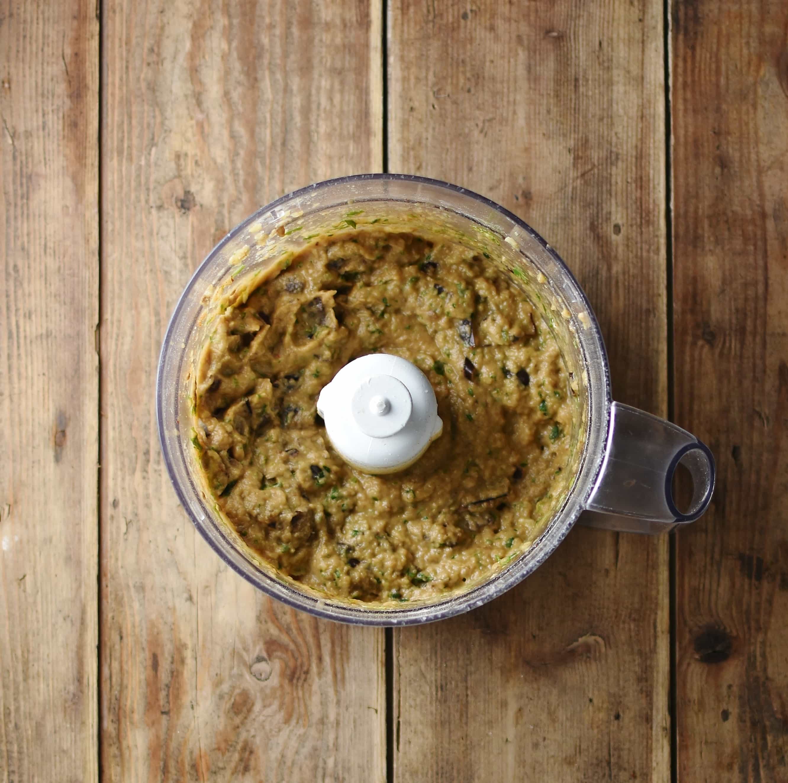 Pureed eggplant mixture in blender.