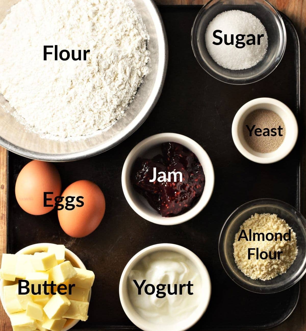 Rogaliki crescent cookies ingredients in individual dishes.