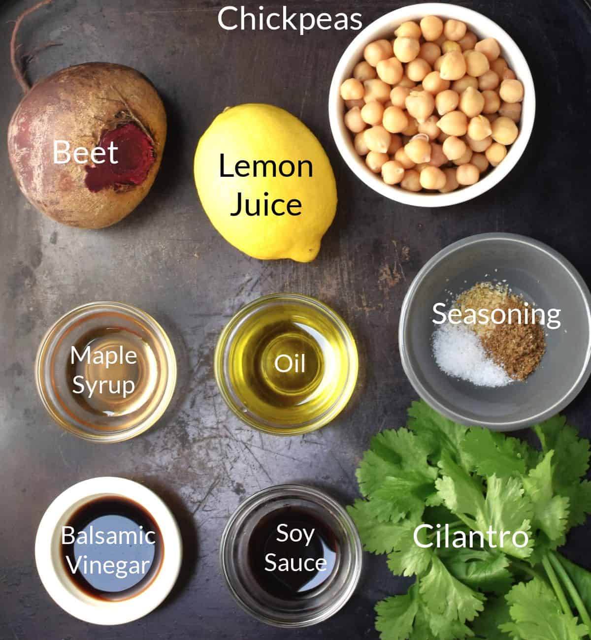 Ingredients for making tahini free beet hummus in individual dishes.