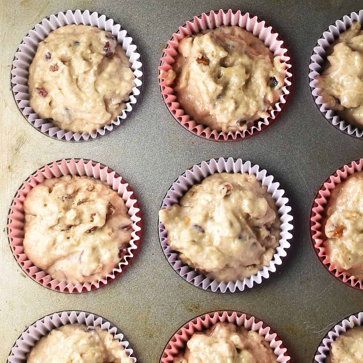 Muffin batter with dried cranberries in paper cases in pan.