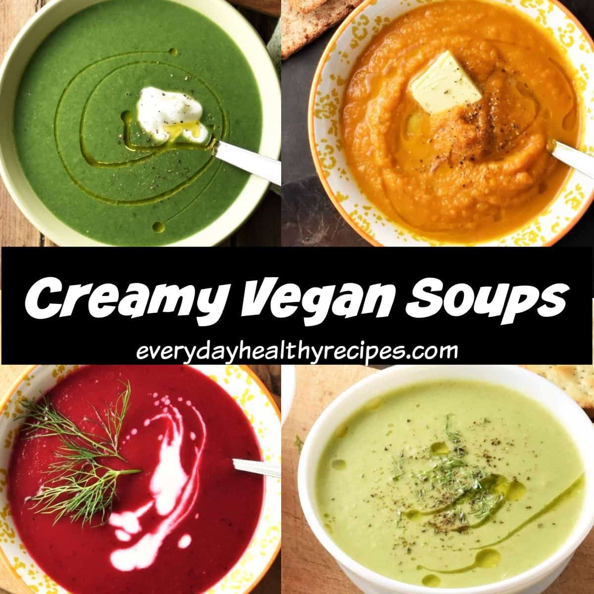 Top down view of different colour creamy vegan soups in white bowls.