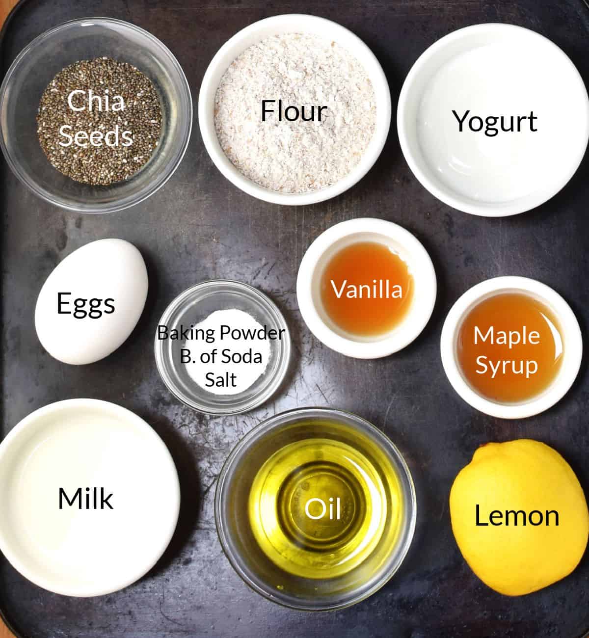Top down view of chia pancake ingredients in individual dishes.