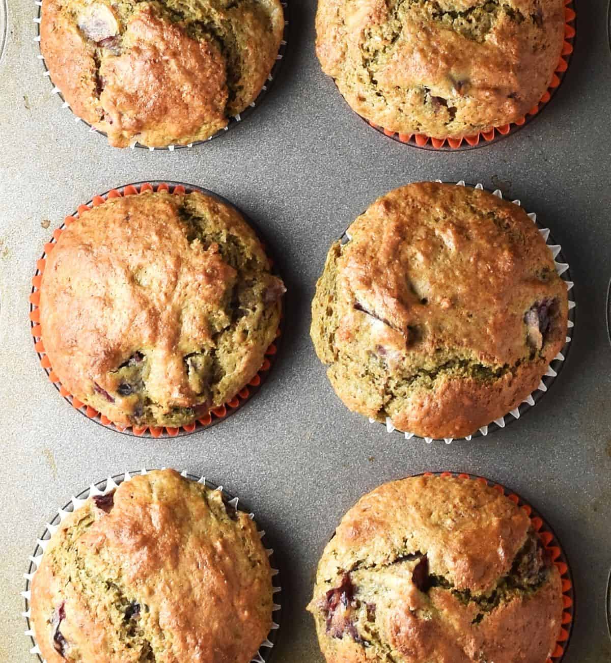 Top down view of 6 blood orange muffins in pan.