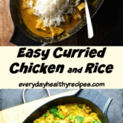 2 images showing curried chicken and rice with peas in shallow oval black pans.