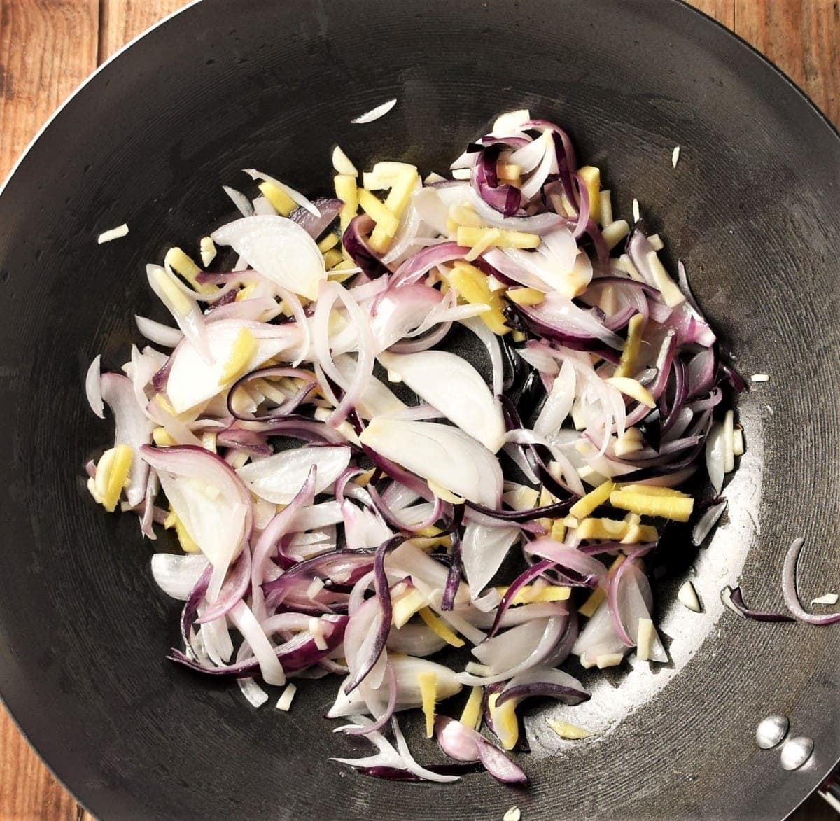 Stir fried vegetables in wok.