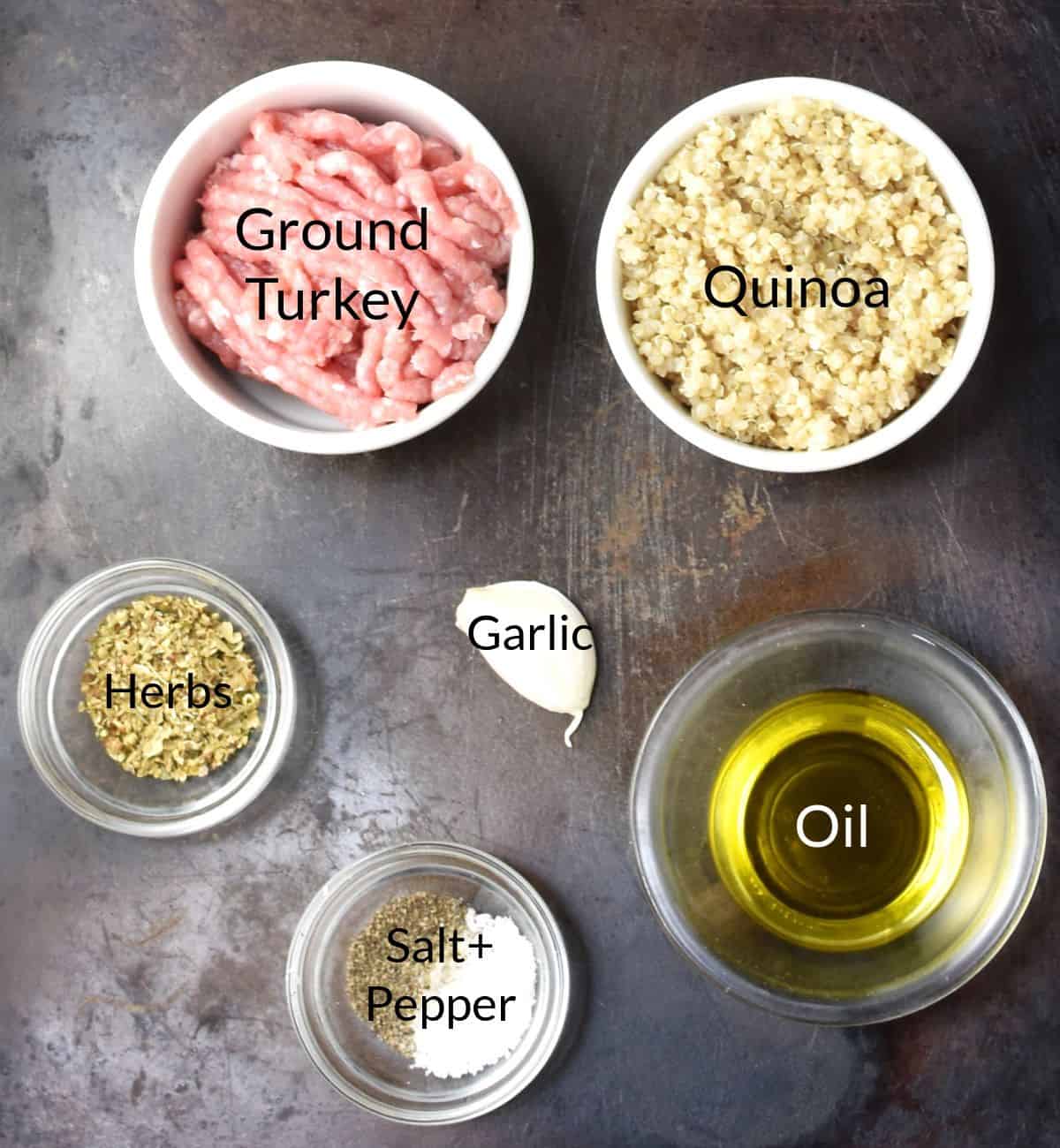 Ingredients for making turkey and quinoa meatballs in individual dishes.