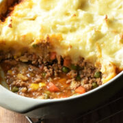 Side view of shepherd's pie in oval dish.