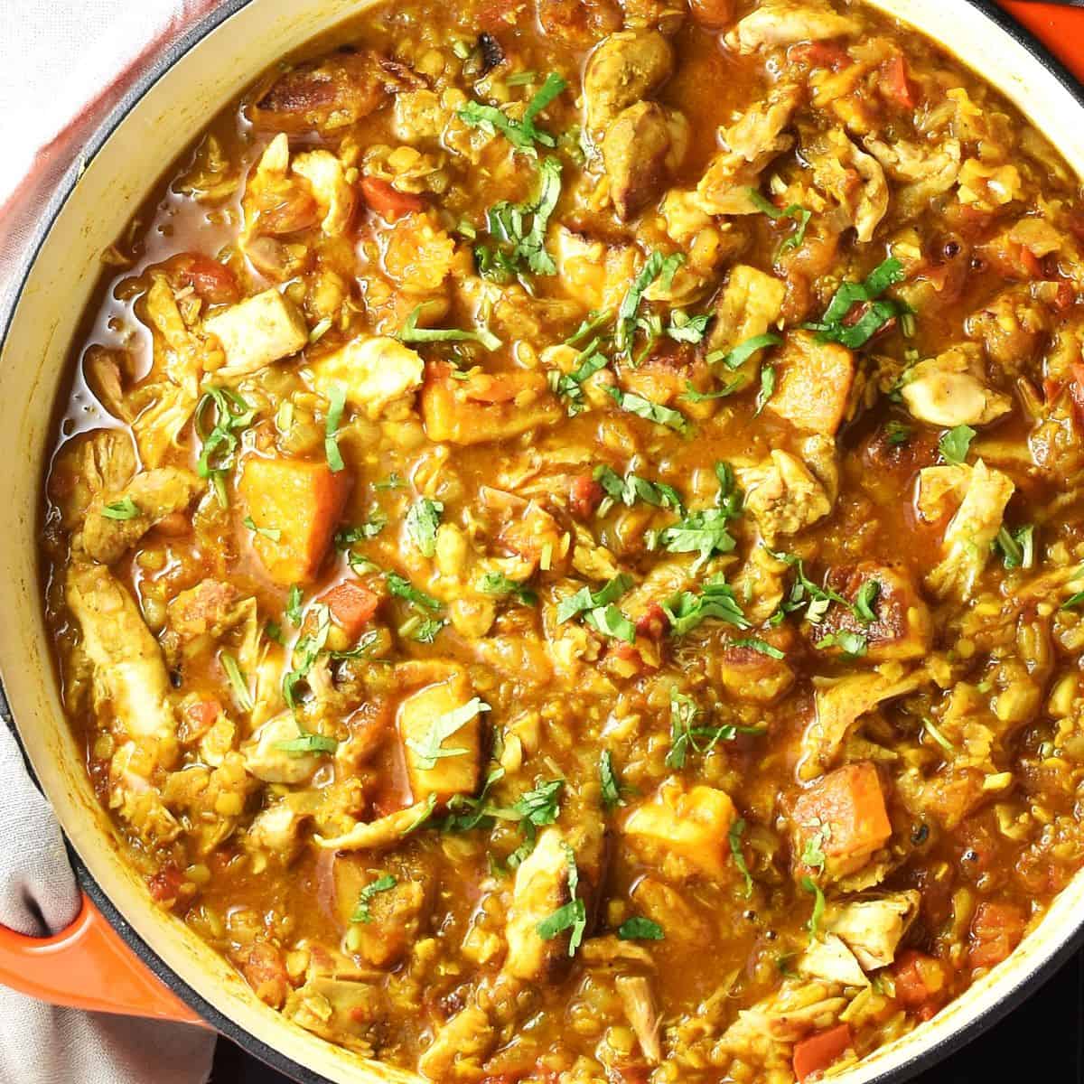 Top down view of chicken butternut squash curry in large round pan.