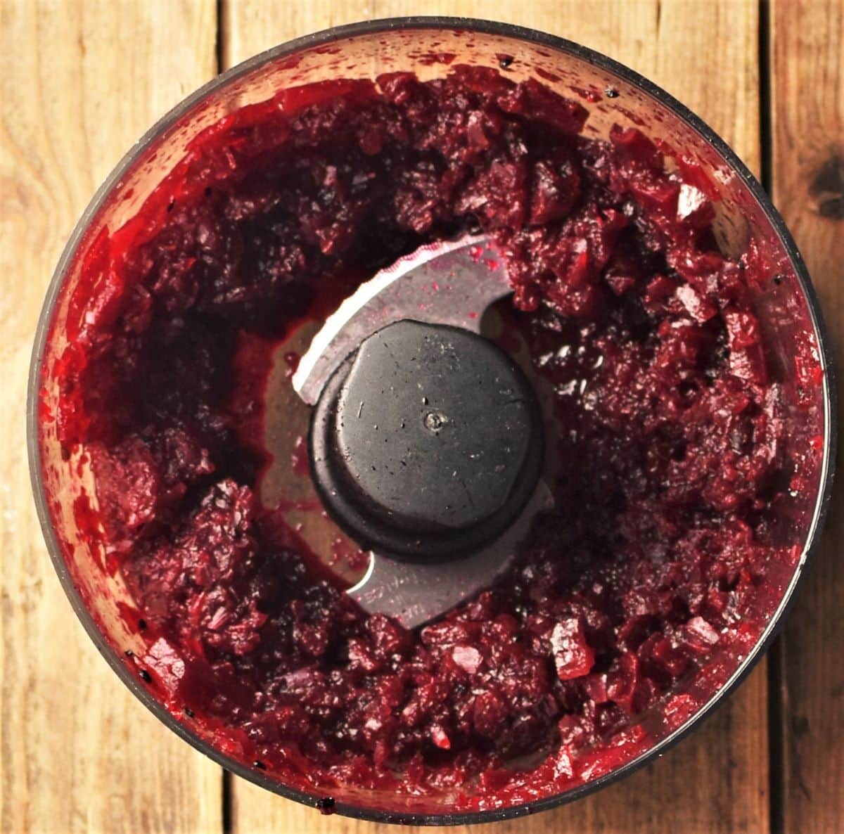 Beet chutney mixture in small blender.