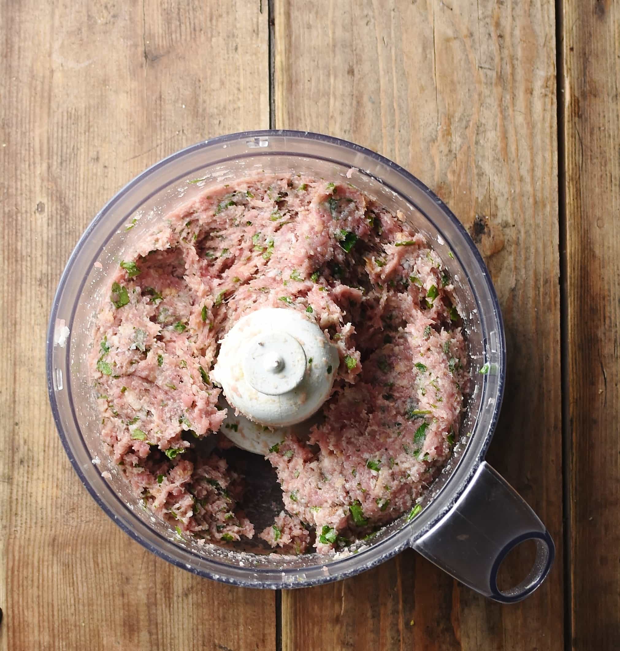 Meat stuffing mixture inside blender.