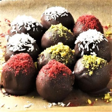 Side view of chestnut truffles on top of parchment.