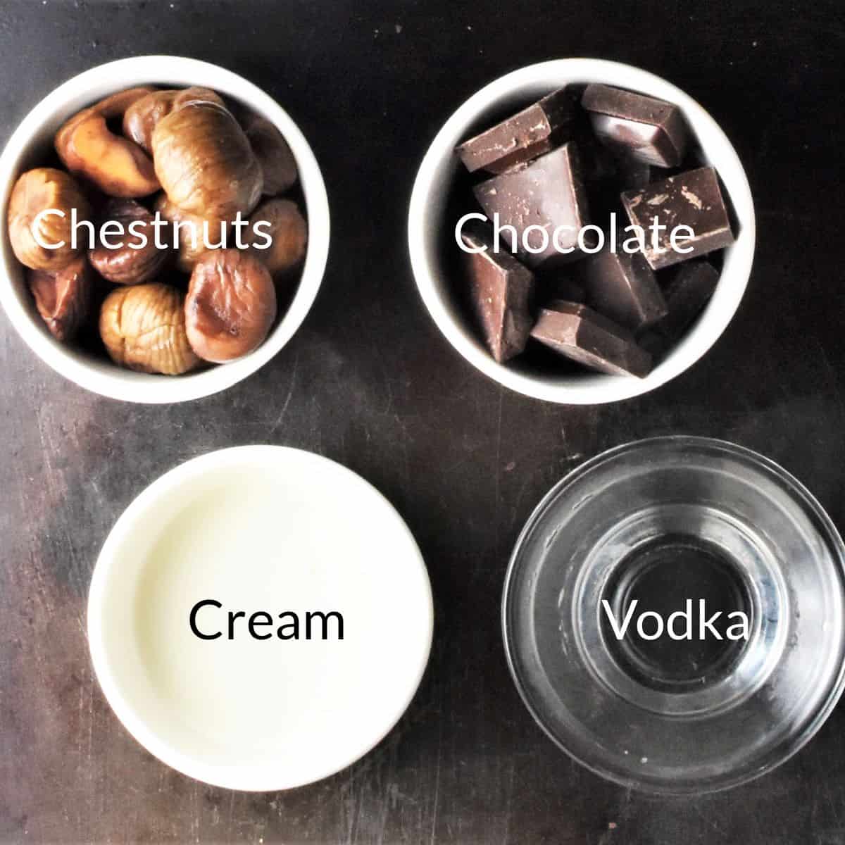 Ingredients for making festive truffles in individual dishes.