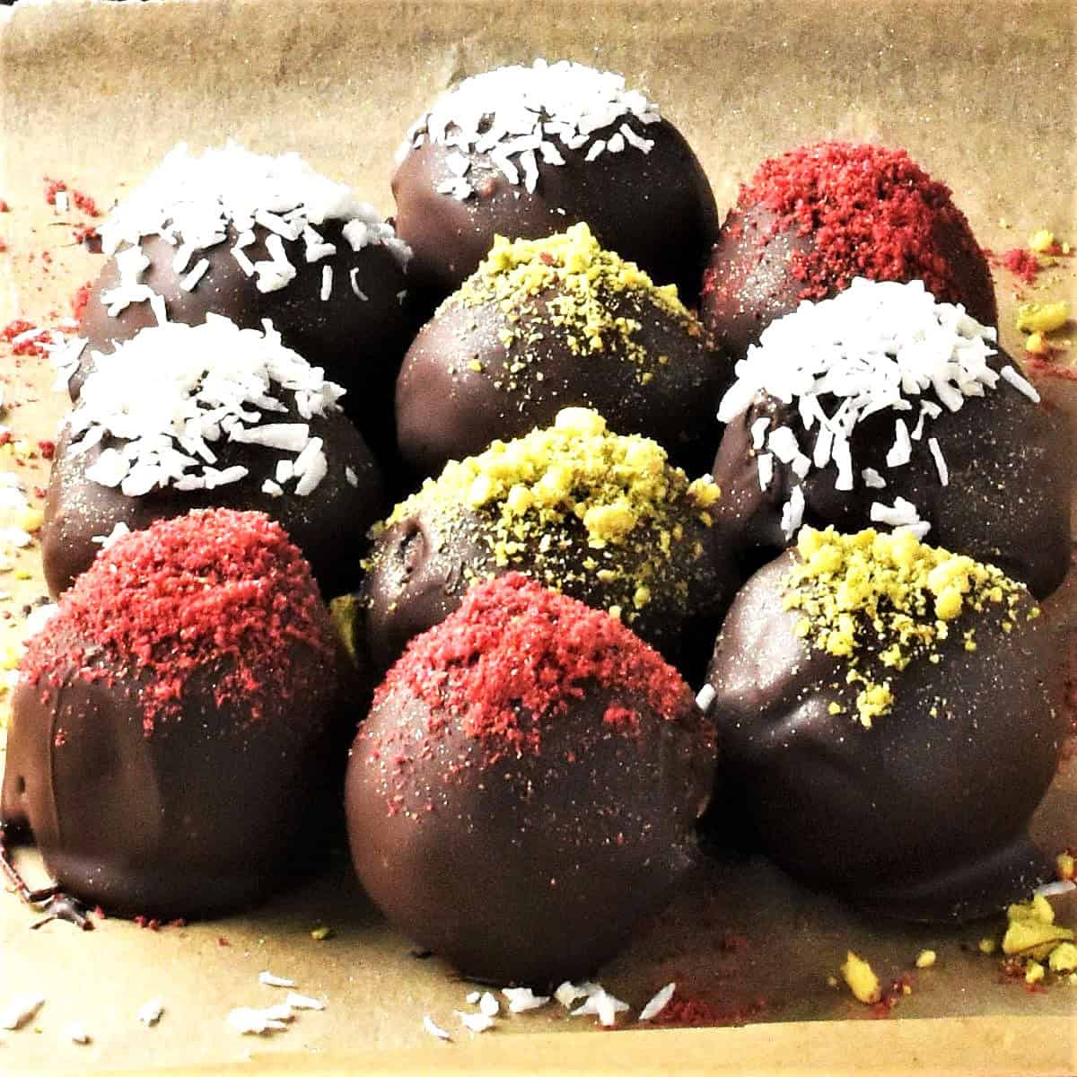 Side view of chestnut truffles on top of parchment.