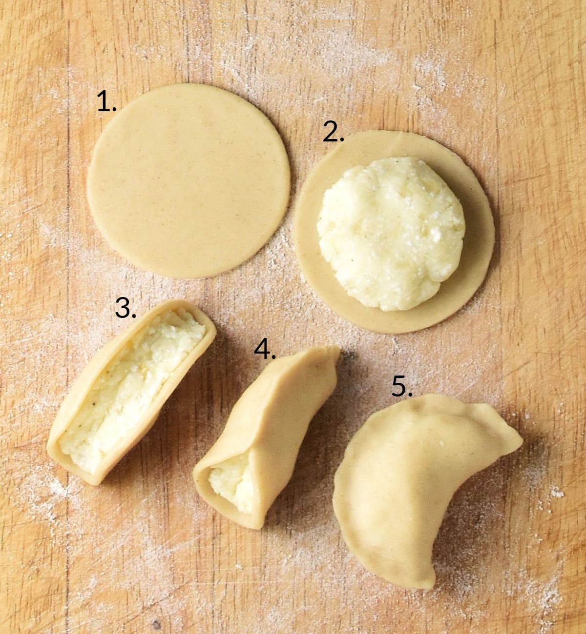 Instructions for forming Polish potato and cheese pierogi on top of wooden board.