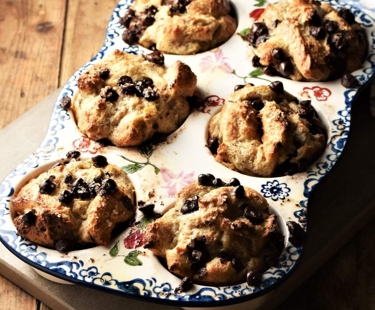 Side view of chocolate chip french toast muffins in 6-hole pan.