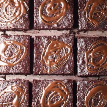 Top down view of beet brownies with chocolate on top.
