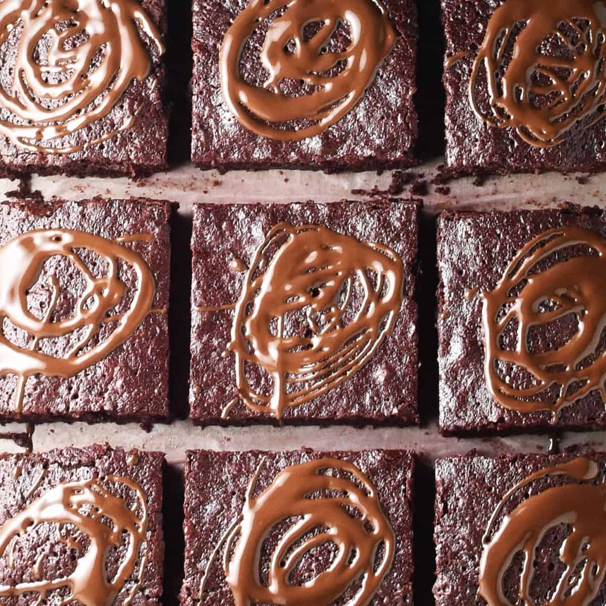 Top down view of beet brownies with chocolate on top.