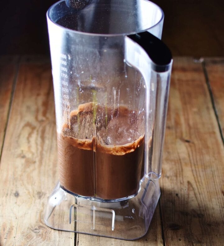 Chocolate mousse inside blender.