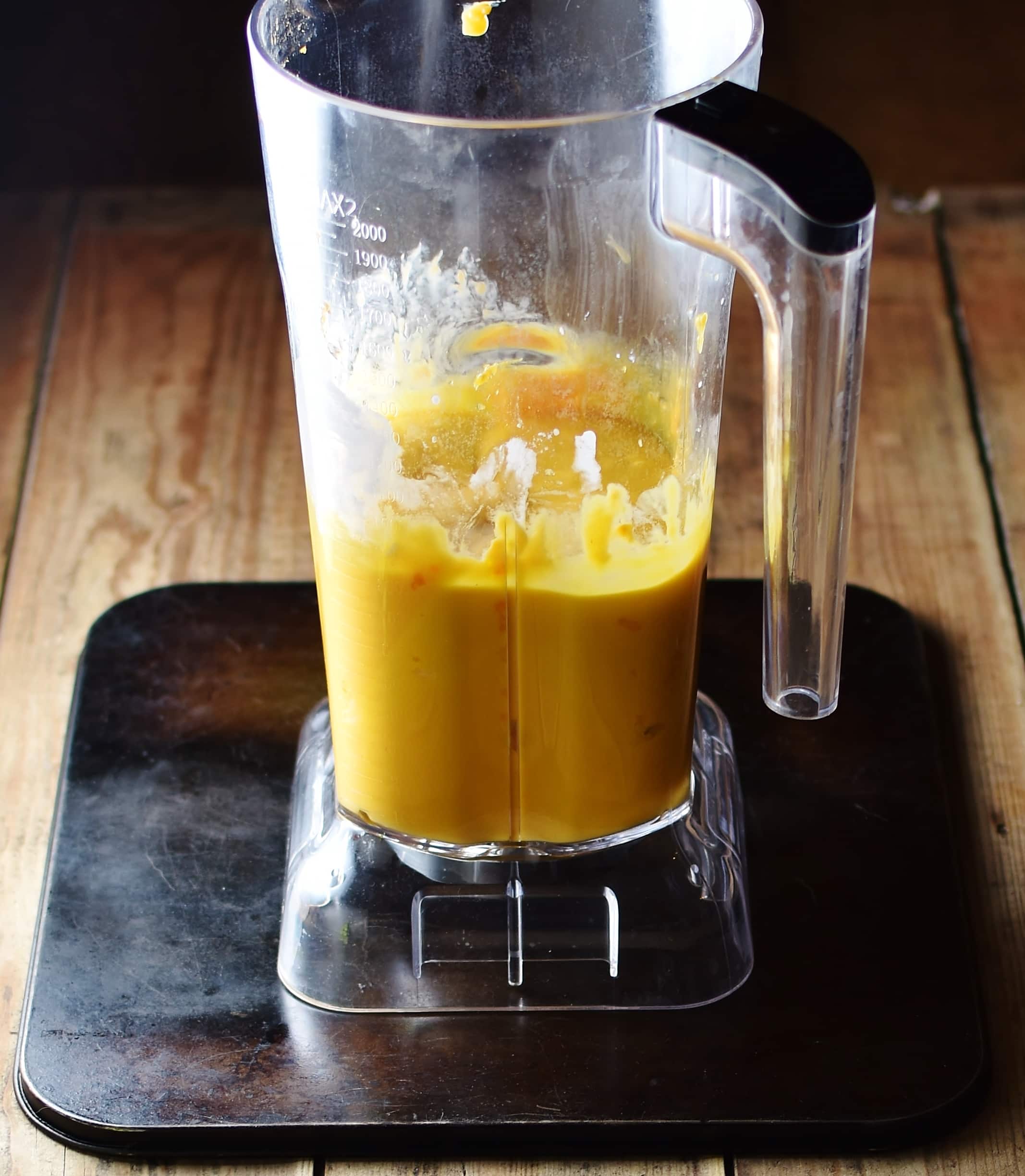 Sweet potato mousse mixture inside blender.