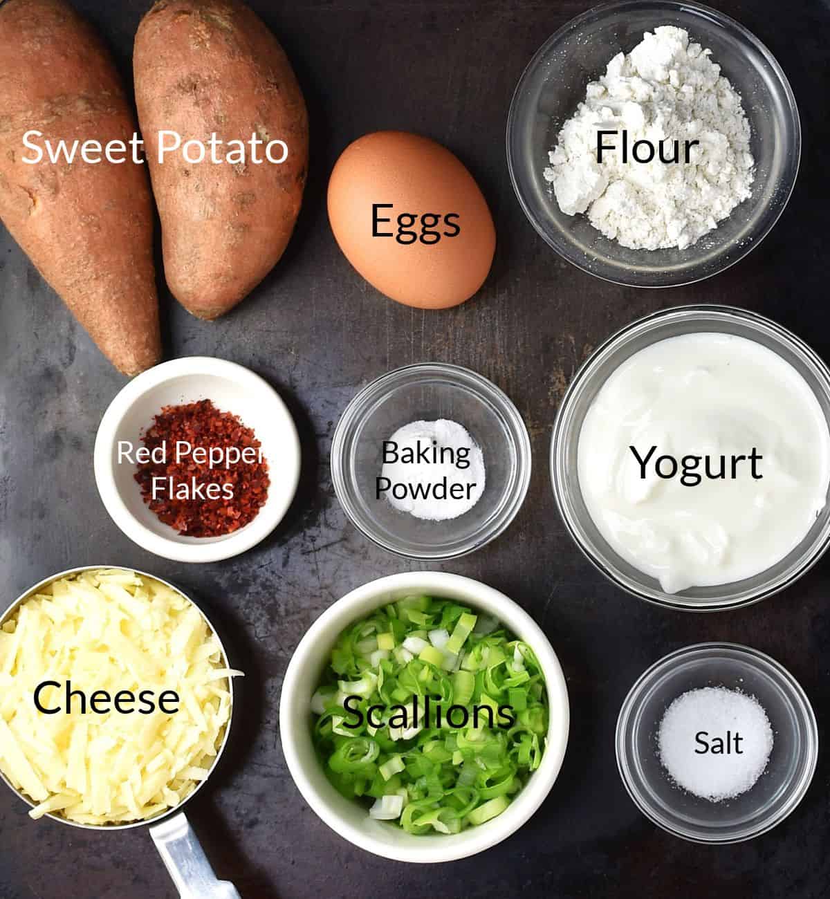 Ingredients for making sweet potato egg muffins in individual dishes.