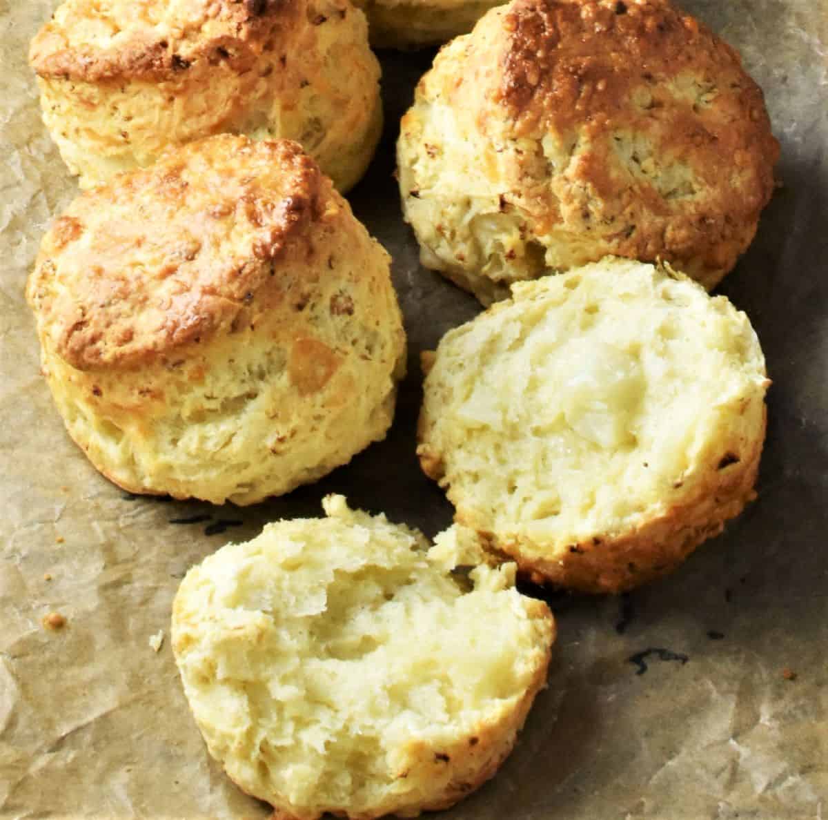 Close-up side view of cauliflower scones.