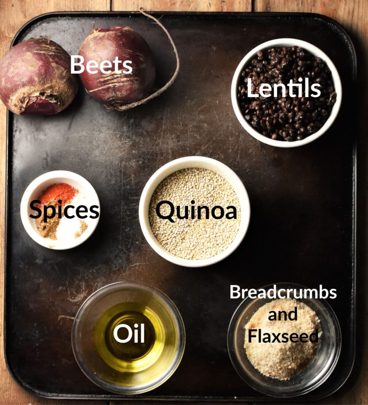 Quinoa beet burgers ingredients in individual dishes.