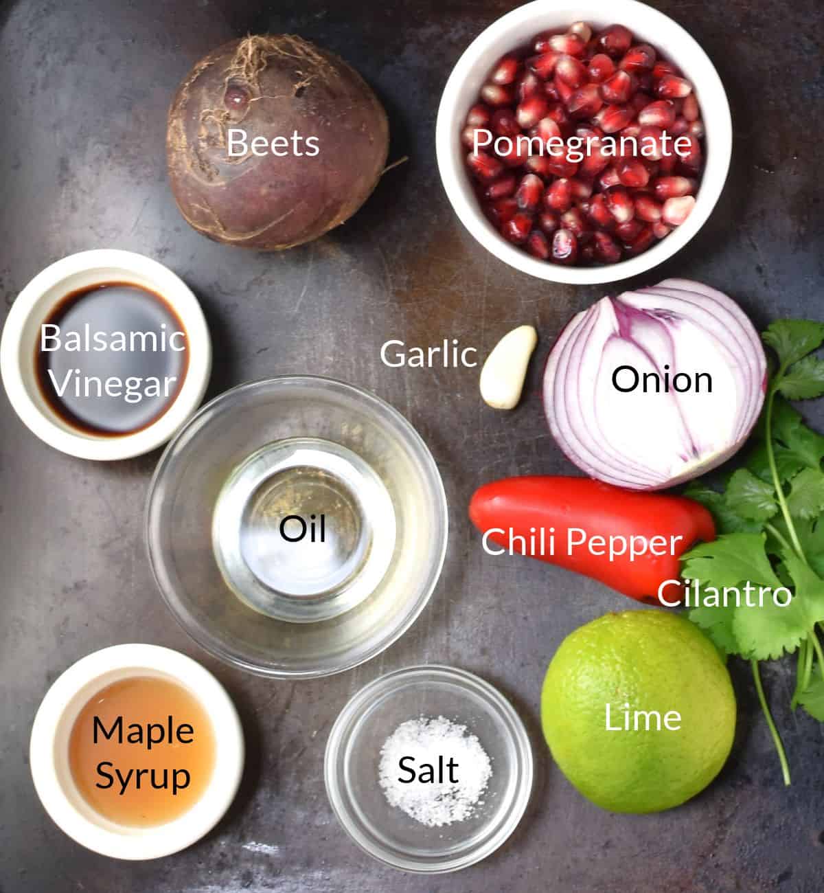 Ingredients for making beet salsa in individual dishes.