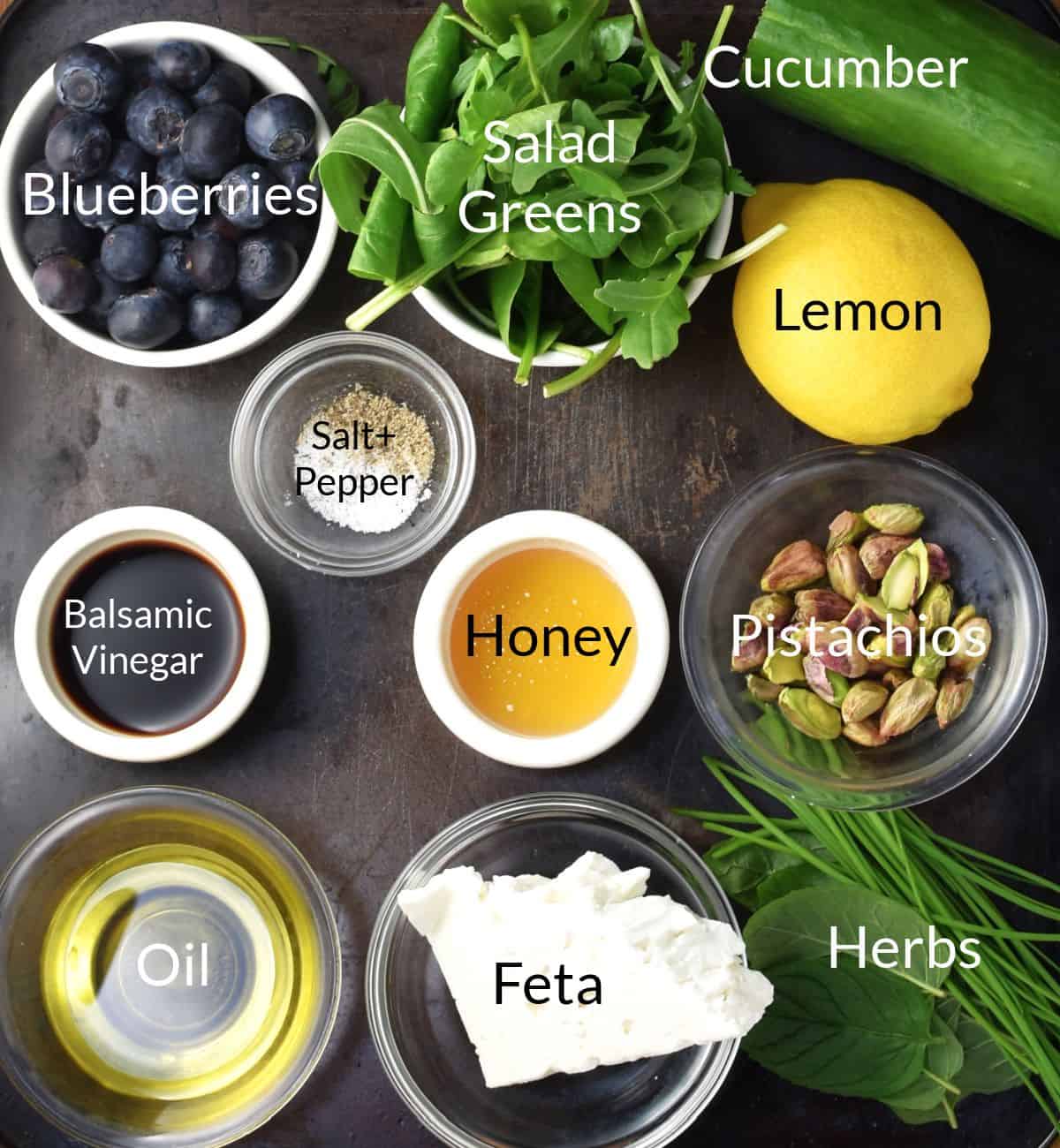 Ingredients for making blueberry salad in individual dishes.