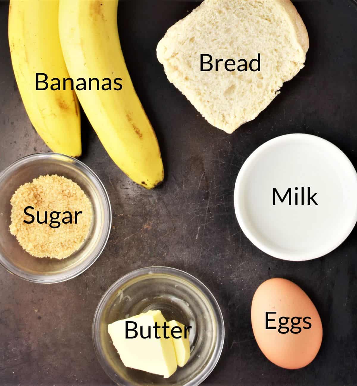 Ingredients for making banana french toast bake in individual dishes.