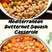 1 image showing beans, tomato sauce, olives and cubed squash in shallow dish, and another with butternut squash casserole in large shallow dish.