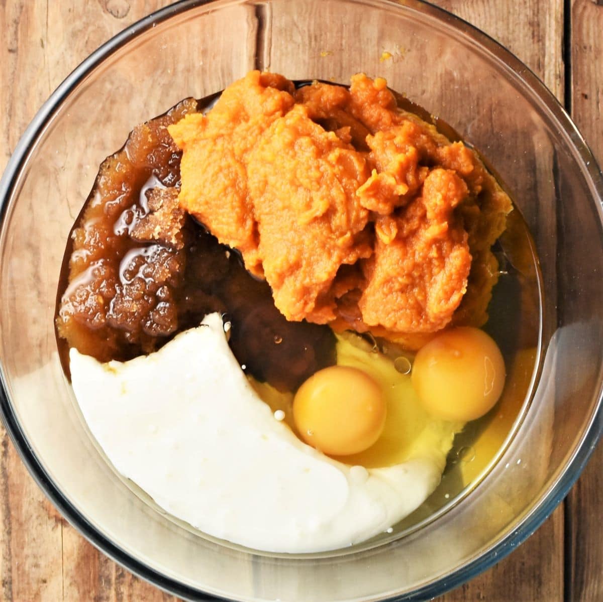 Pumpkin puree, eggs, brown sugar and buttermilk in mixing bowl.