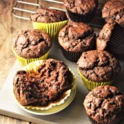 Side view of pumpkin chocolate muffins in yellow liners.