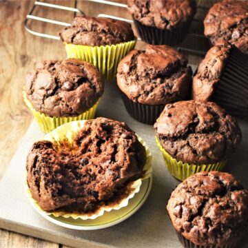 Side view of pumpkin chocolate muffins in yellow liners.