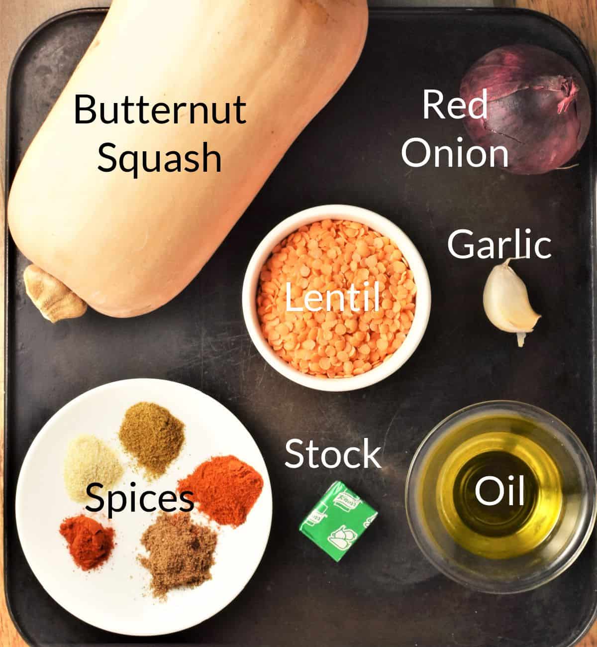 Ingredients for making butternut squash soup with lentils in individual dishes.