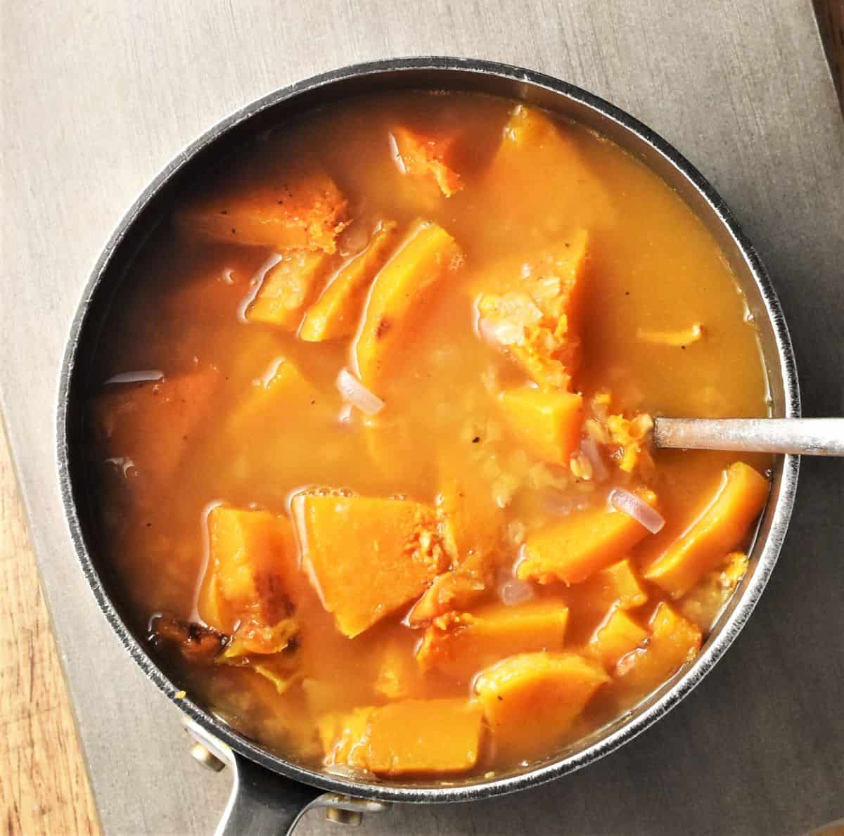 Chunks of butternut squash in soup in large pot with spoon.
