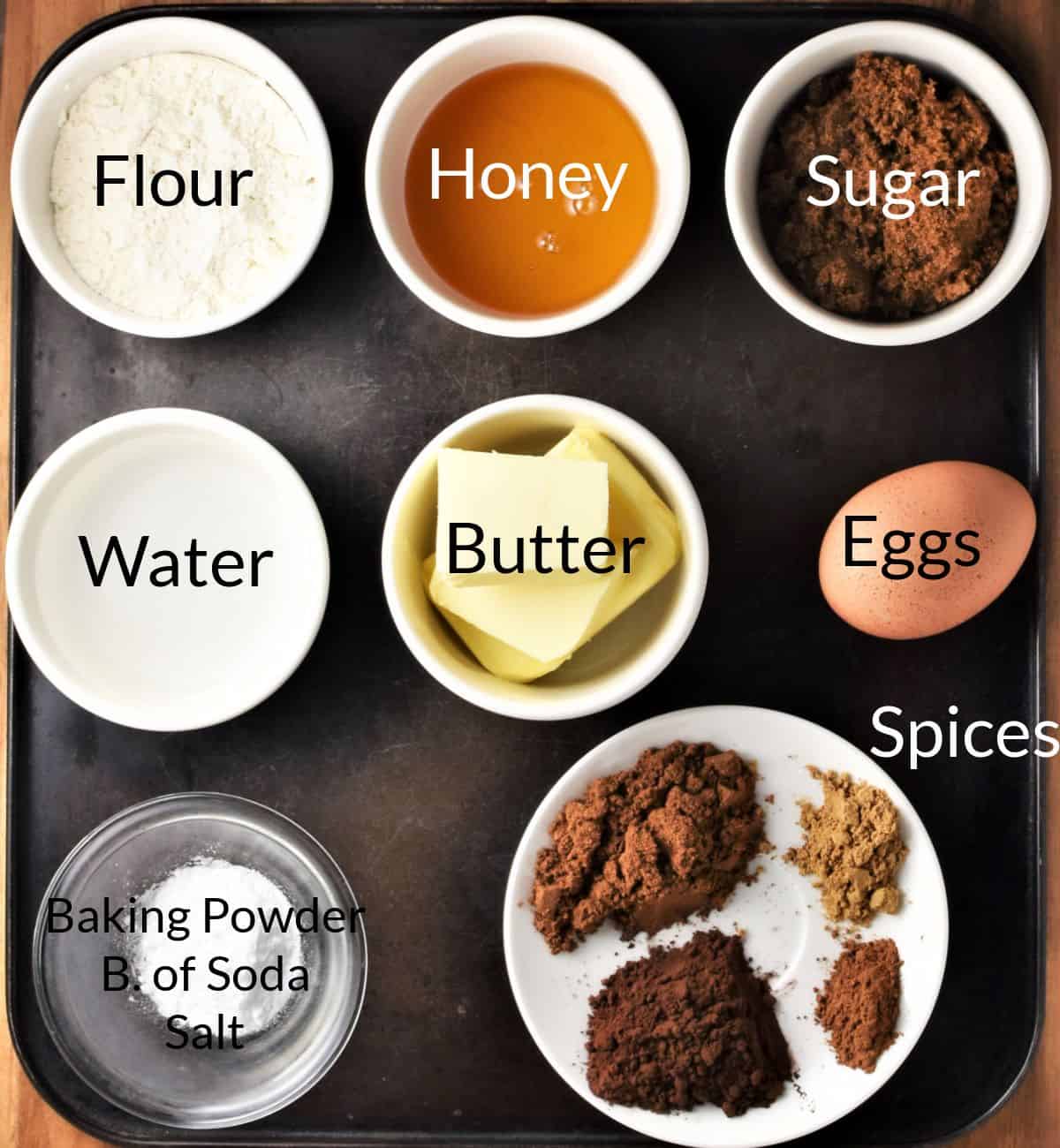 Ingredients for making Polish piernik in individual dishes.