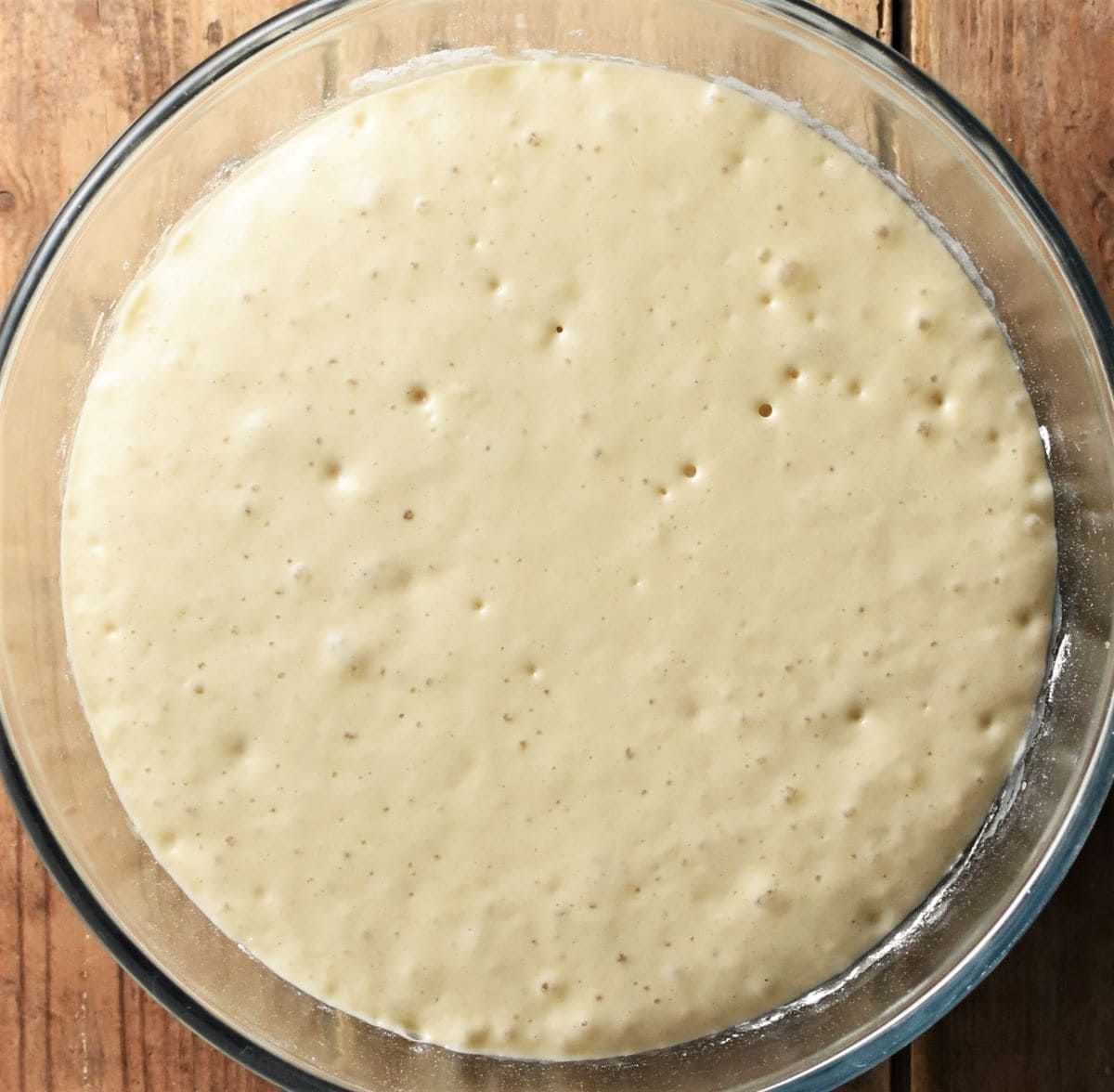 Racuchy batter doubled in size in mixing bowl.