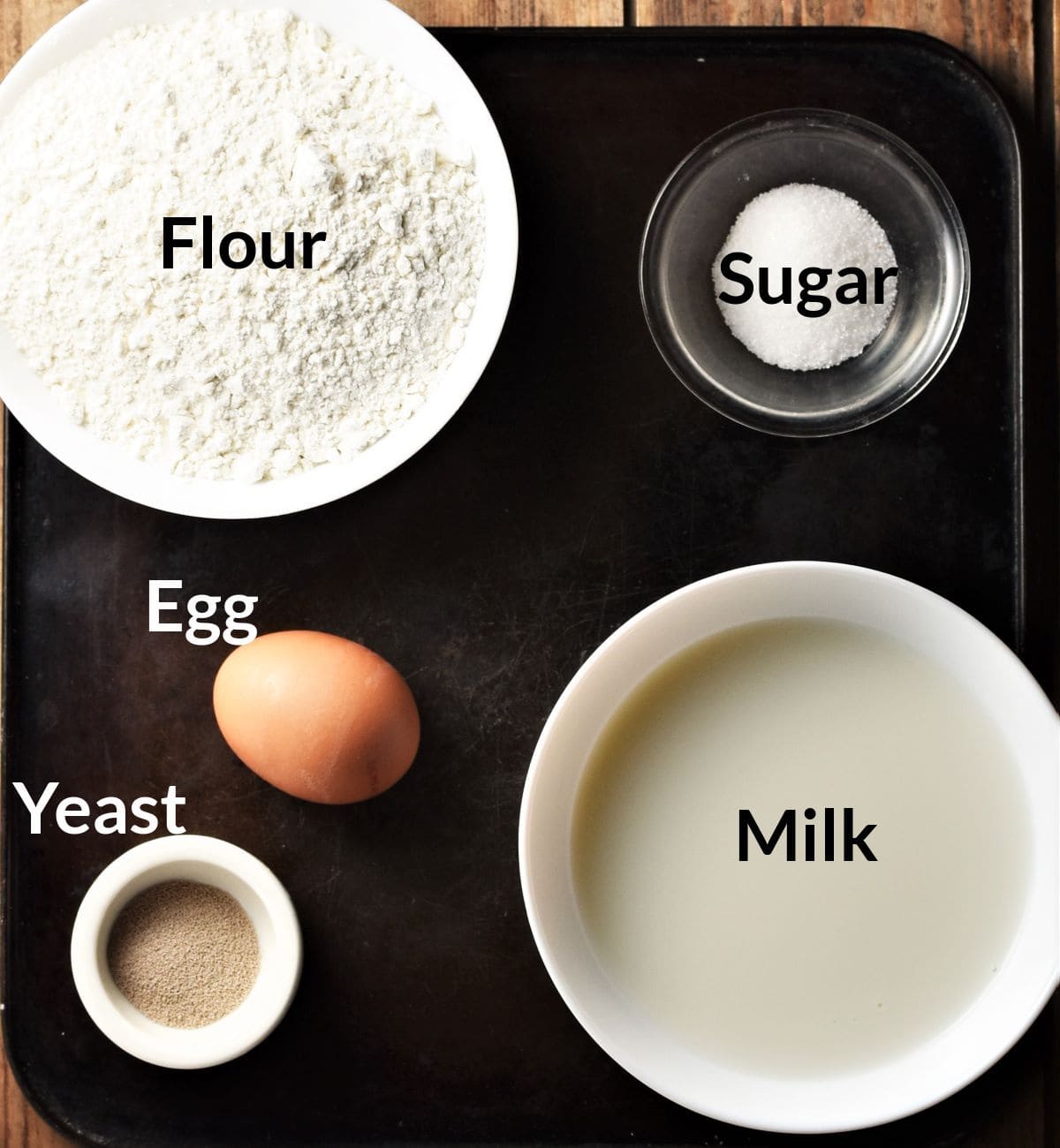 Ingredients for making Polish yeast pancakes in individual dishes.