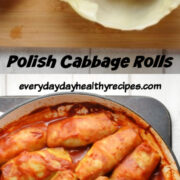 1 image showing rice and meat stuffing on top of cabbage leaf, and another image showing cabbage rolls in tomato sauce in round shallow dish.